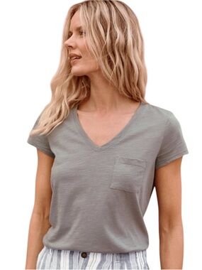 Garnet Hill 100% Organic Pima Cotton V-Neck Pocket Tee Short Sleeve Grey XL